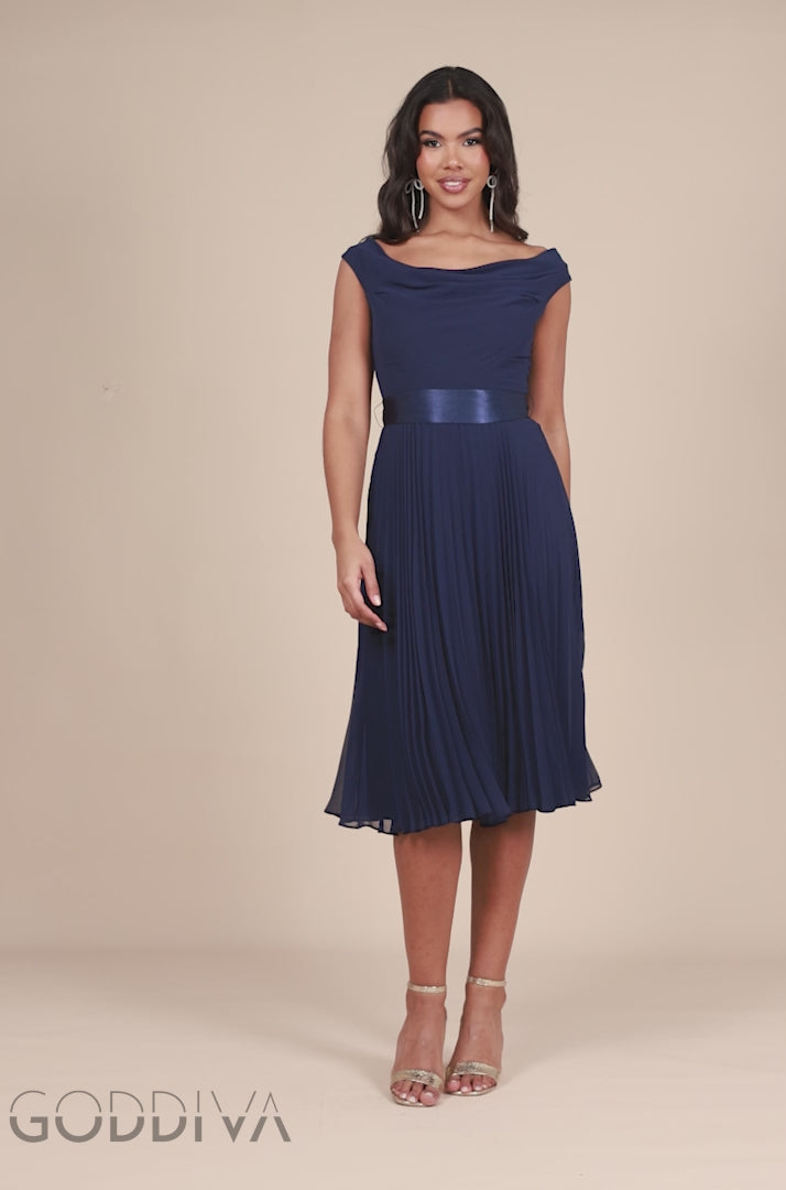 Cowl Neck Pleated A-Line Chiffon Midi Dress - Navy Blue DR4501