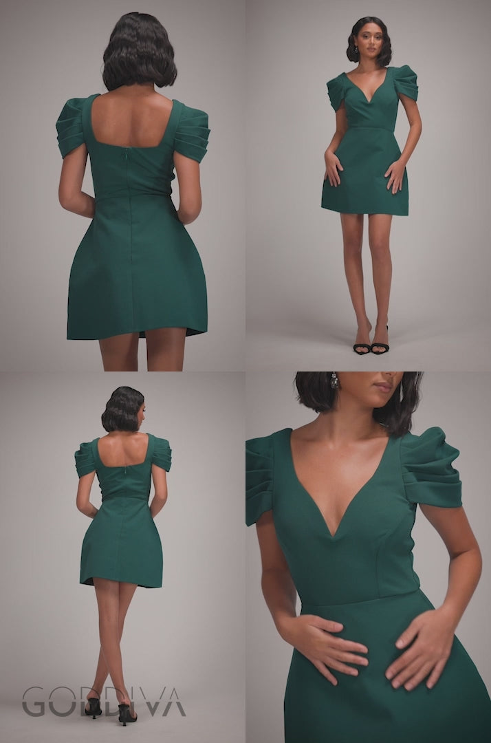 Plunging Neck Pleated Sleeve Scuba Mini Dress - Emerald Green DR4798