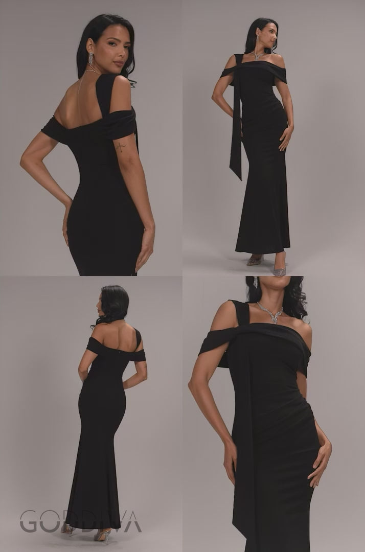 One Shoulder Twisted Bardot Asymmetric Mermaid Maxi Dress - Black DR4910