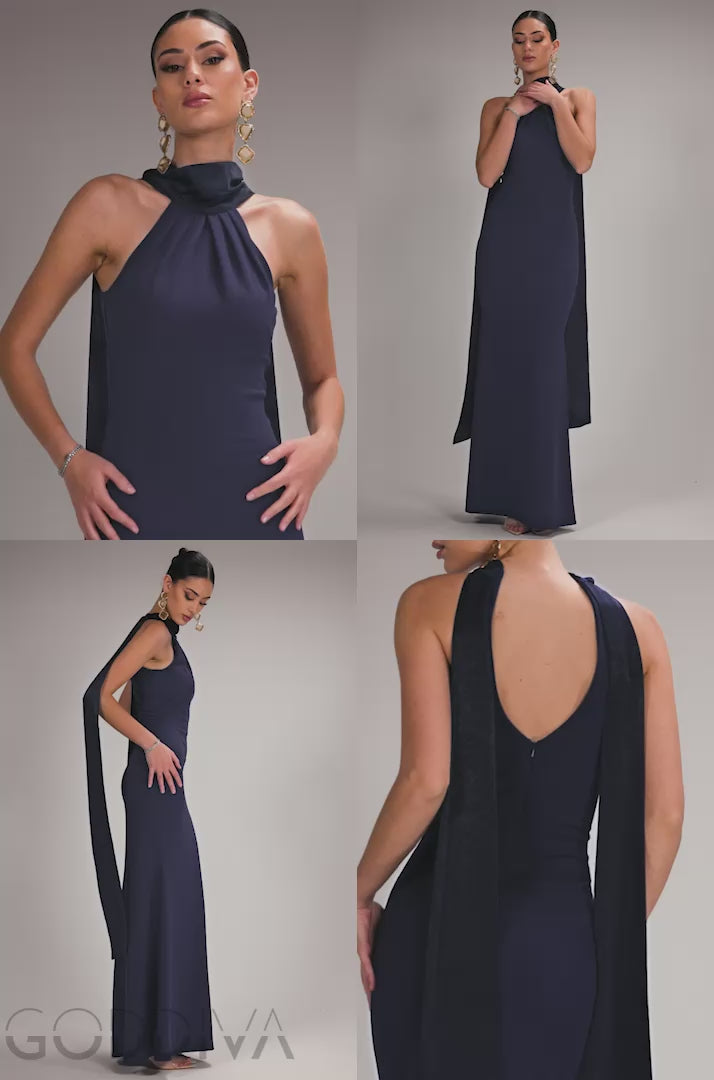 Scuba & Velvet Satin Cape Sleeve Halterneck Maxi Dress - Navy Blue DR4973