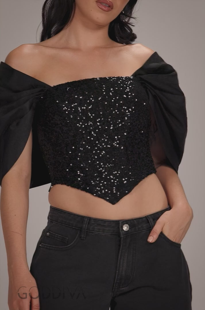 Off Shoulder Corset Top With Back Satin Bow - Black T276