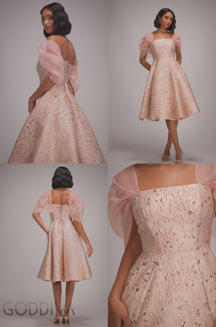 Lace Up Jacquard Midi Dress With Organza Wings - Blush Pink DR4791