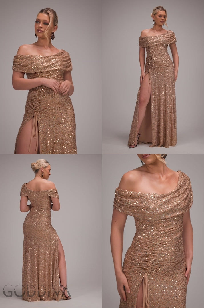 Off The Shoulder Sequin Cowl Drawstring Maxi Dress - Gold DR4824