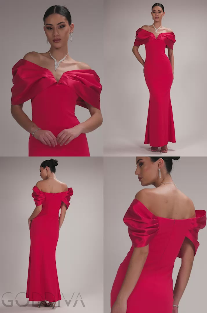 Satin Plunge Neck Bardot Scuba Maxi Dress - Red DR5040