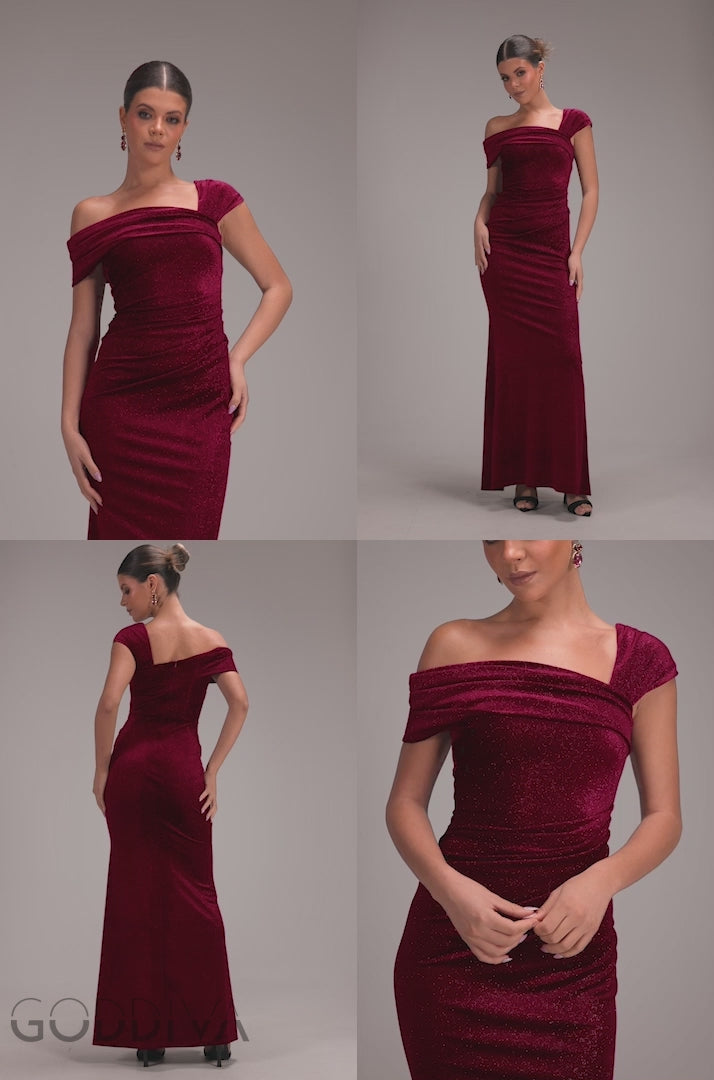 Glitter Velvet One Shoulder Maxi Dress - Wine DR5026