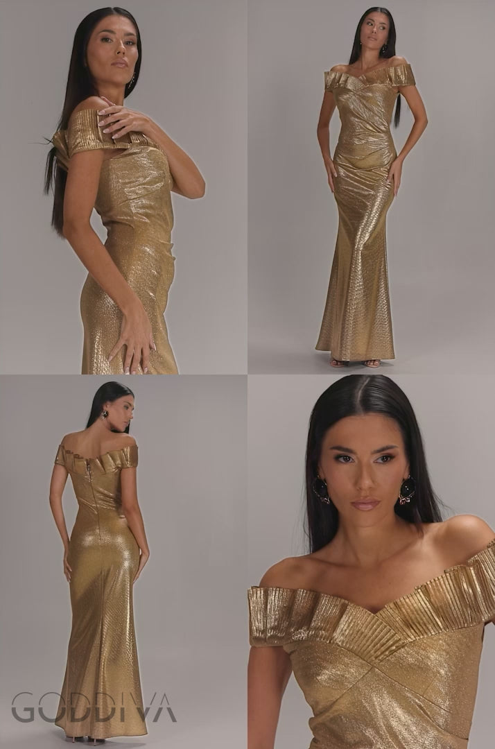 Fan Pleated Bardot Scuba Crepe Maxi - Gold DR4070