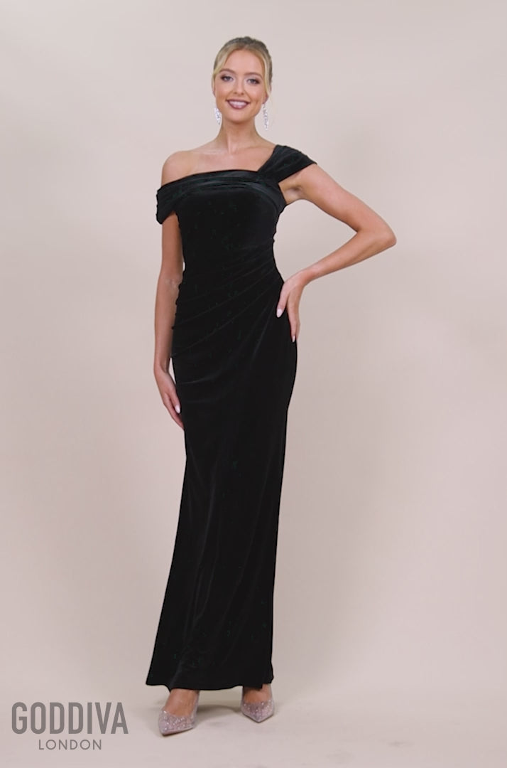 One Shoulder Velvet Maxi Dress - Black DR4578