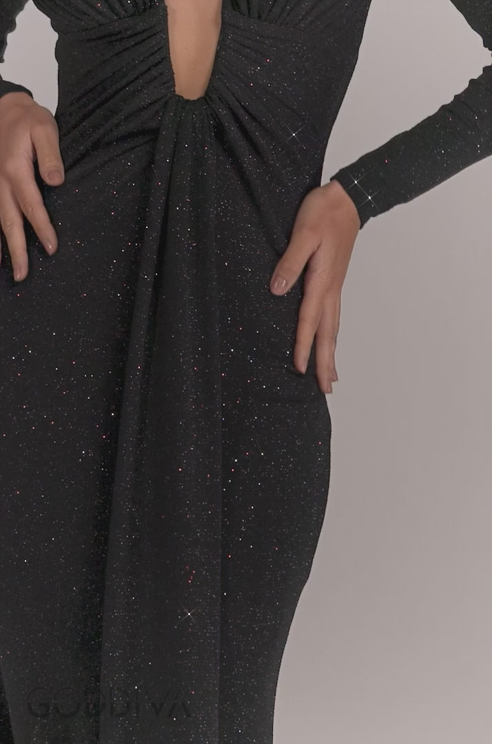 Plunge Neck Long Sleeve Front Draped Lurex Maxi Dress - Black DR5231