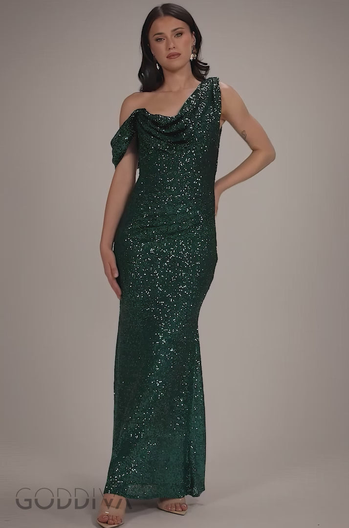 Sequin Cowl One Shoulder Maxi Dress - Emerald Green DR4020