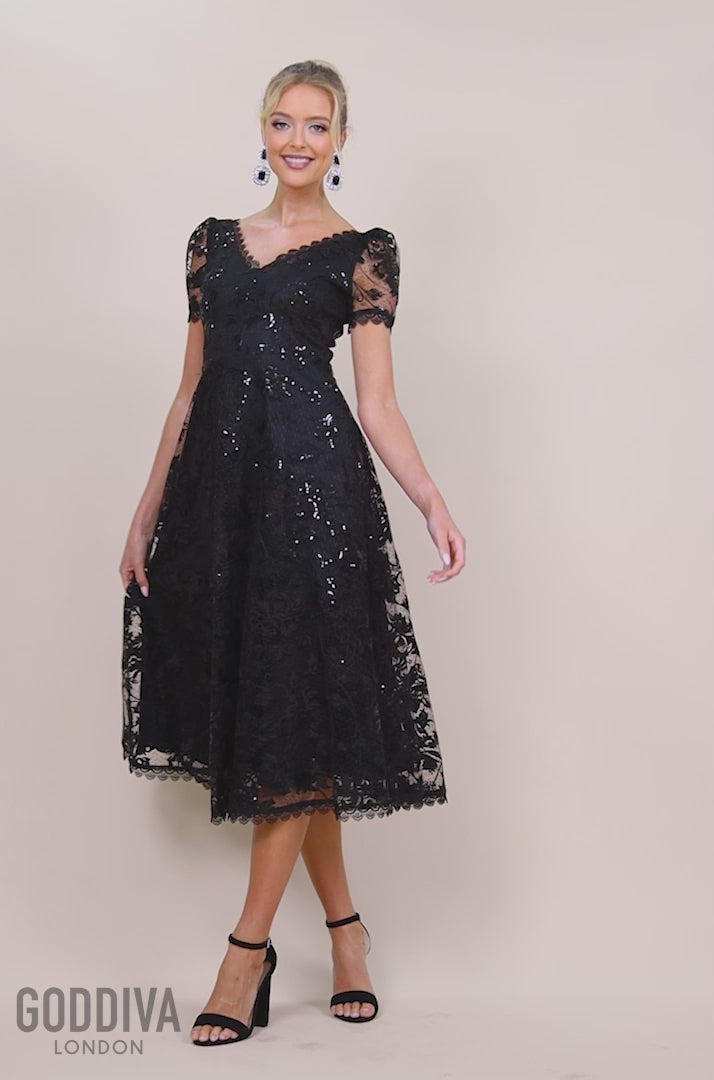 Sequin Lace Short Sleeve A-Line Midi Dress - Black DR4429