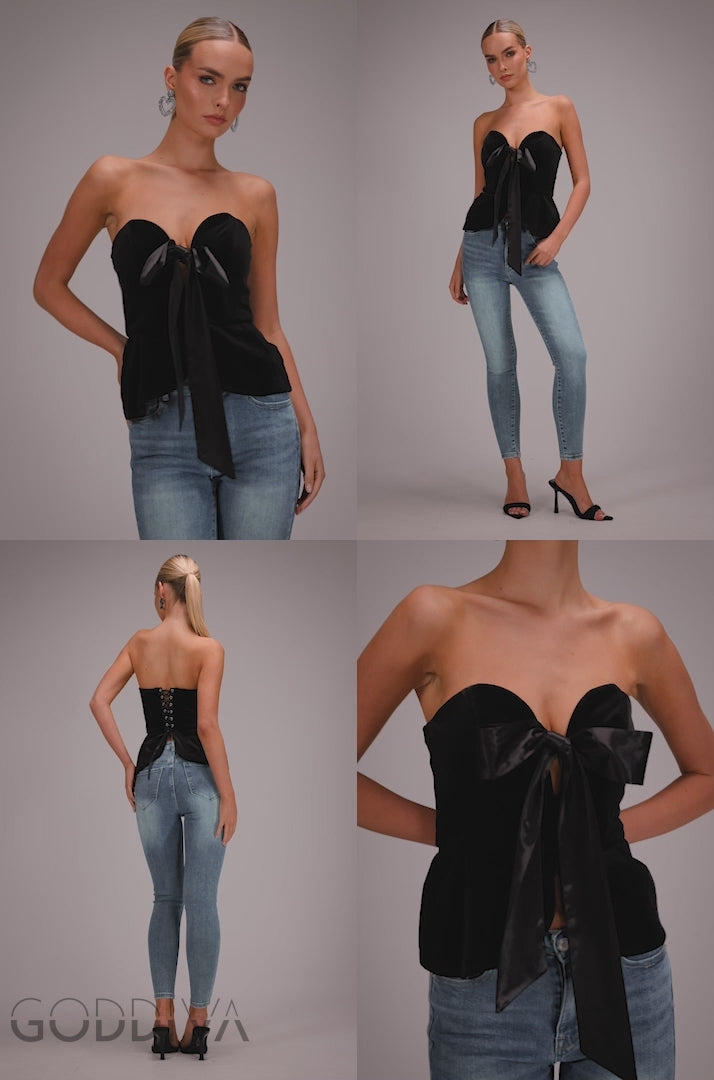 Plunging Sweetheart Strapless Peplum Velvet & Satin Corset - Black T252