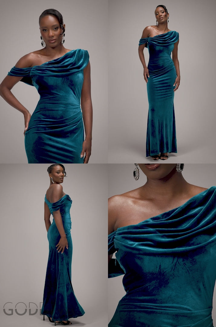 Cowl One Shoulder Velvet Maxi Dress - Teal DR4504