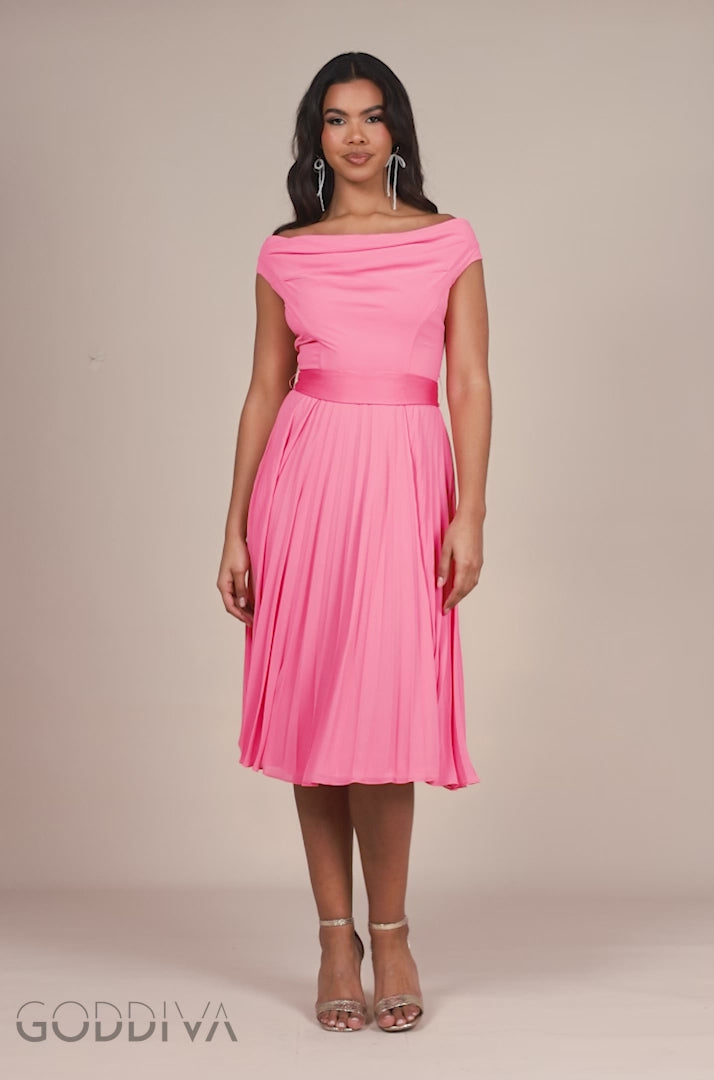 Cowl Neck Pleated A-Line Chiffon Midi Dress - Coral DR4501