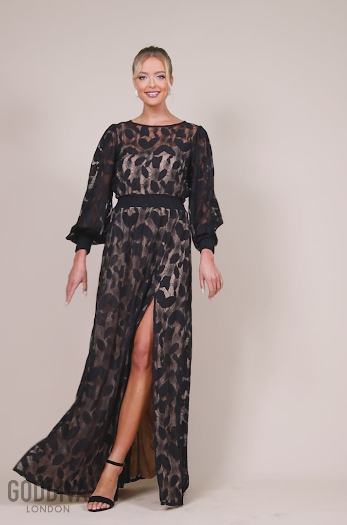 Lace Front Split Long Sleeve Maxi Dress - Black DR4476