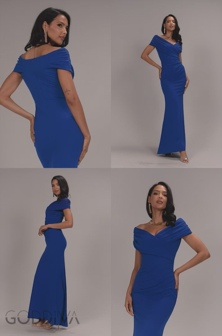 Pleated Bardot Wrap Mermaid Maxi Dress - Royal Blue DR5289