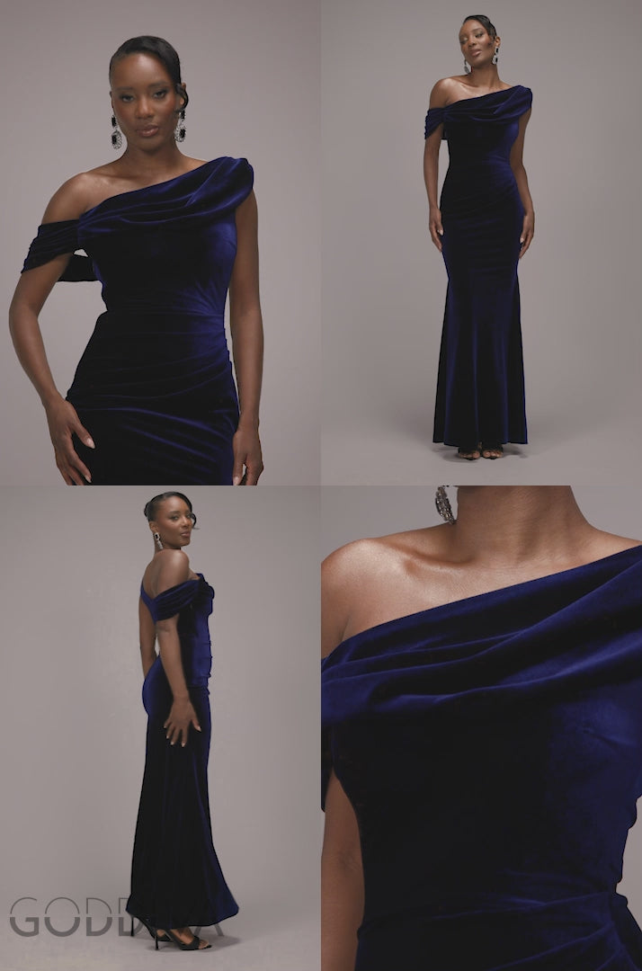 Cowl One Shoulder Velvet Maxi Dress - Navy Blue DR4504