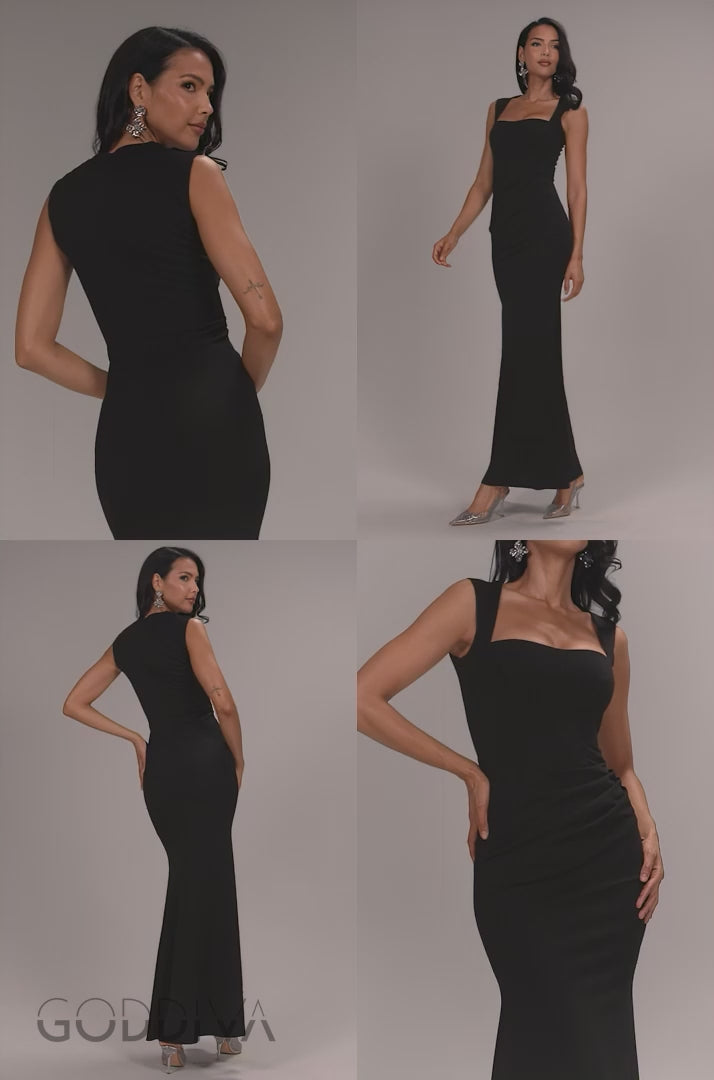 Sleeveless Waist Pleated Scuba Crepe Maxi Dress - Black DR5291