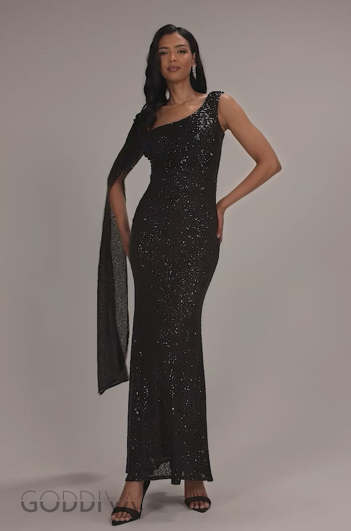 One Side Cape Sleeve Waist Pleated Sequin Maxi Dress - Black DR5068