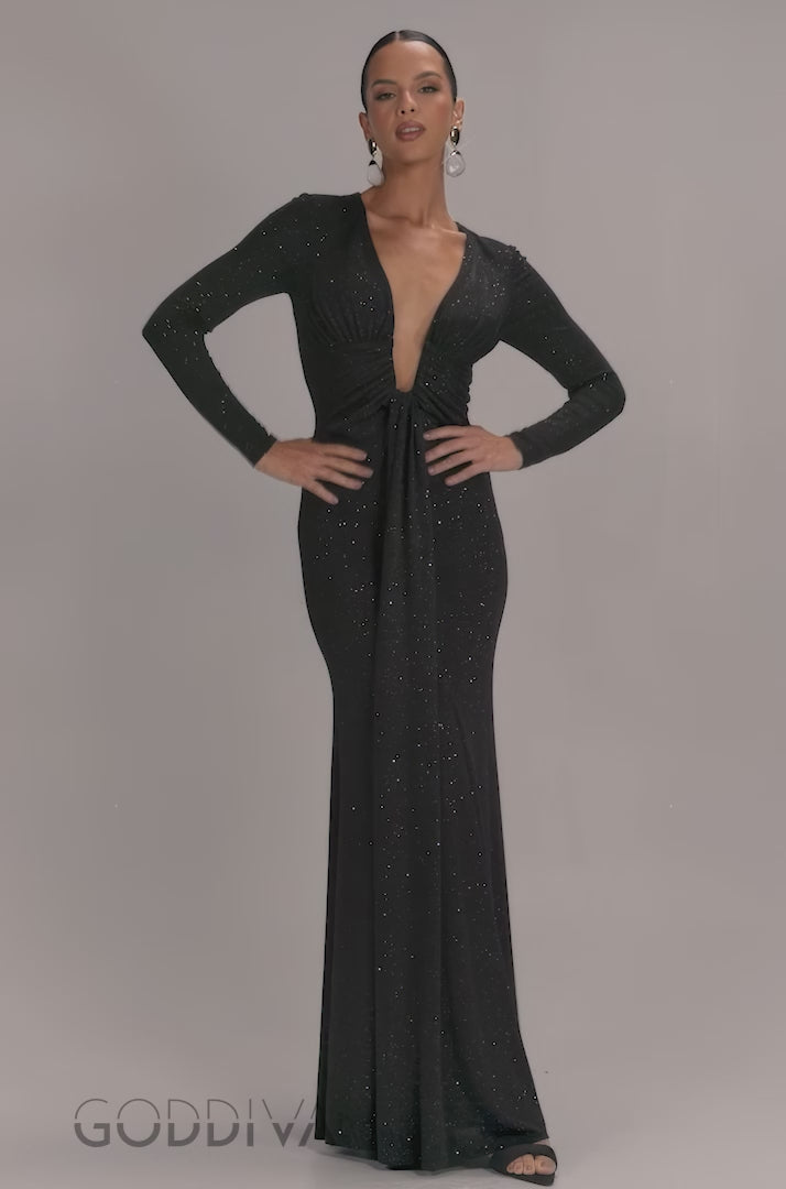 Plunge Neck Long Sleeve Front Draped Lurex Maxi Dress - Black DR5231
