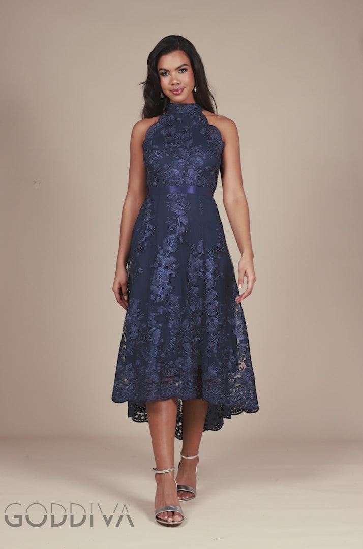 Halter Neck Lace High And Low Dress - Navy DR3346QZ