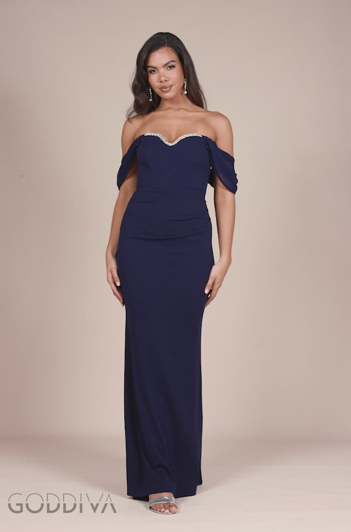 Off The Shoulder Draped Sleeve Maxi Dress With Diamante Neckline - Navy Blue DR4588