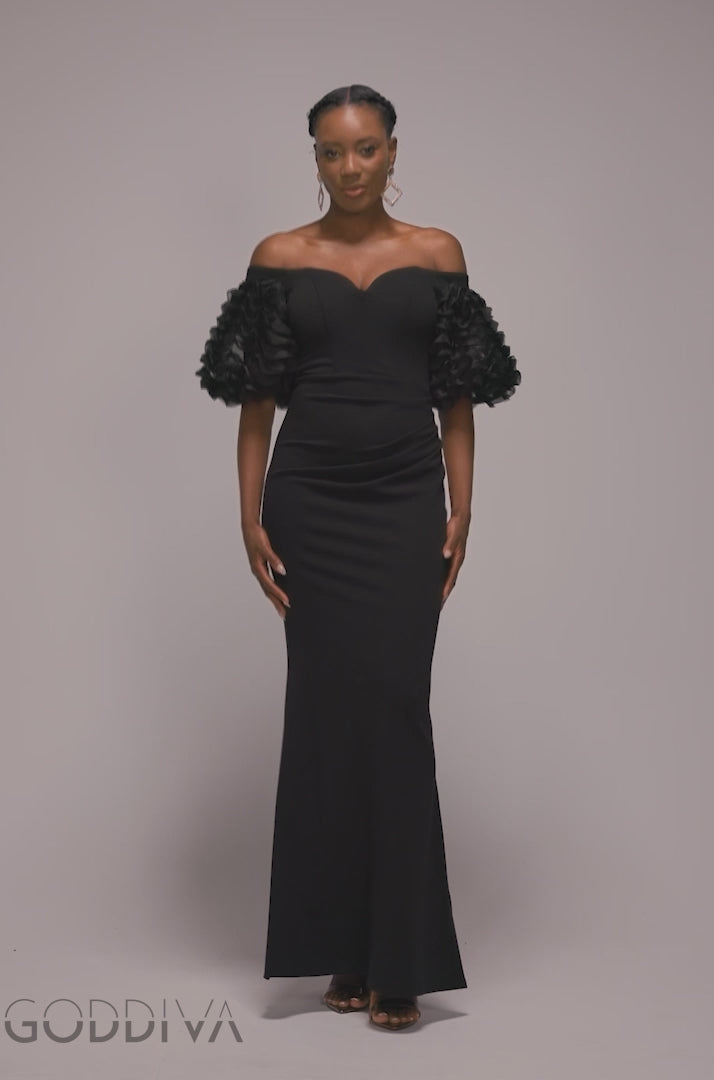 Off The Shoulder 3D Puffed Sleeve Sweetheart Maxi Dress - Black DR4637