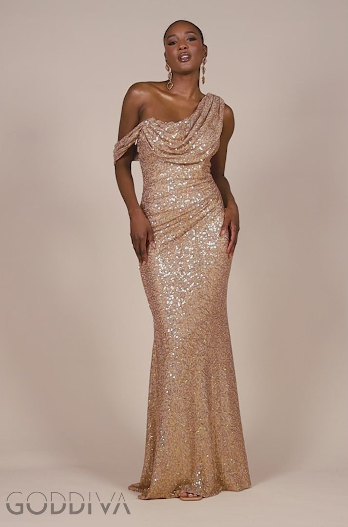 Sequin Cowl One Shoulder Maxi Dress - Gold DR4020