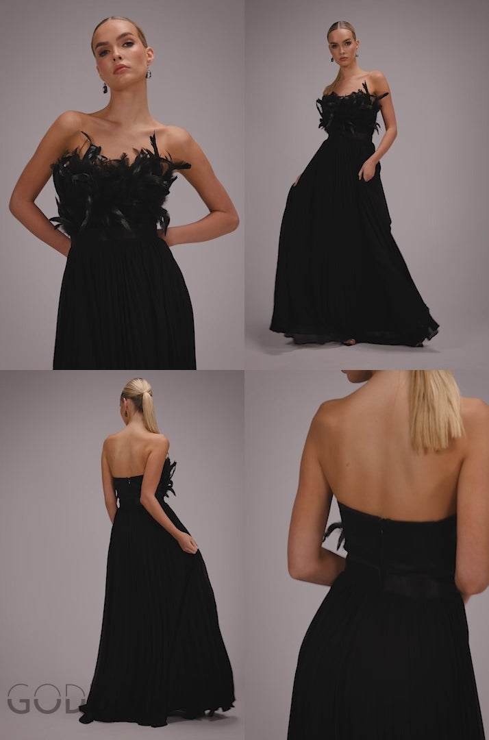 Feather Off The Shoulder Pleated Evening Maxi Dress - Black DR3233