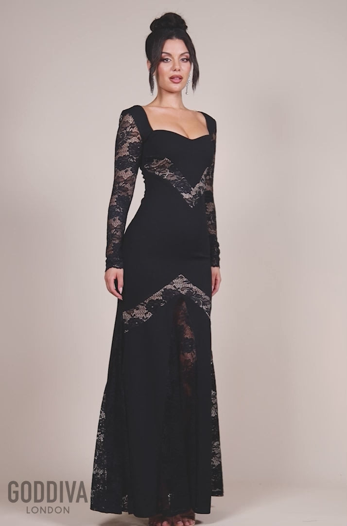 Scuba & Lace Long Sleeve Maxi Dress - Black DR4368