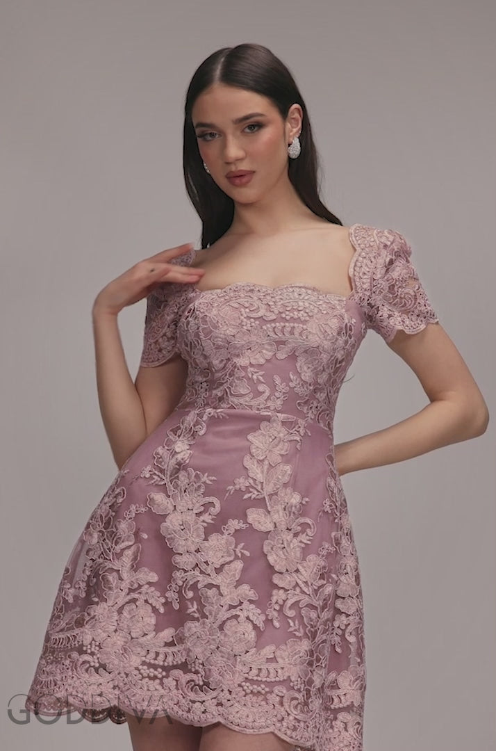 Scallop Edge Corset Back Structured Lace Mini Dress - Pink DR4966