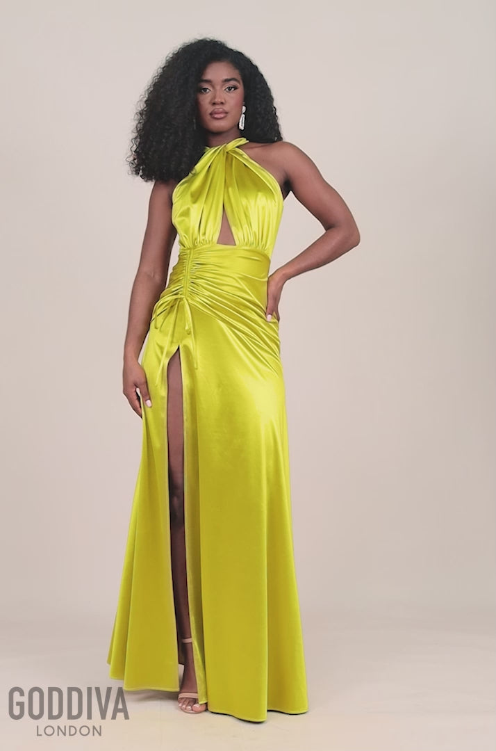 Halter Neck Front Split Satin Maxi Dress - Lime Green DR4398