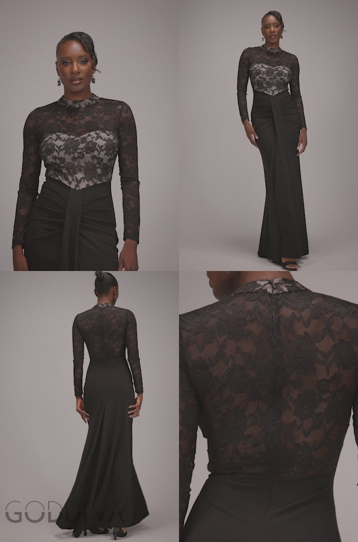 Lace High Neck Sheer Bodice Long Sleeve Maxi Dress - Black DR4677