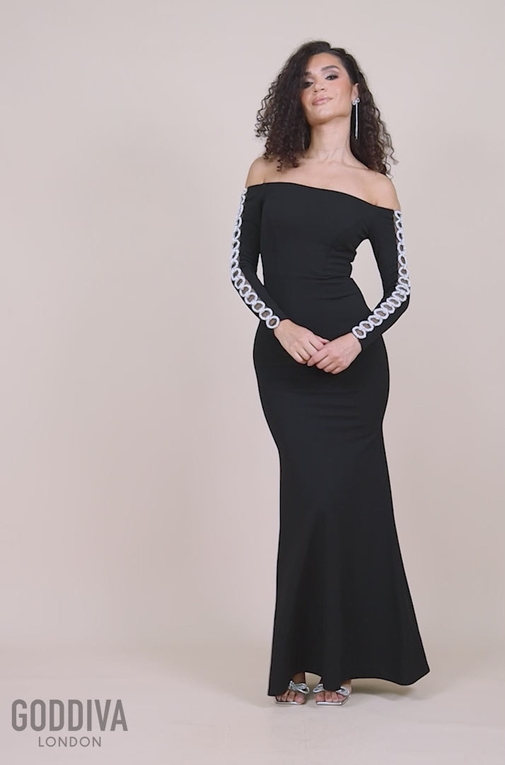 Embellished Diamante Sleeve Bardot Maxi Dress - Black DR4424