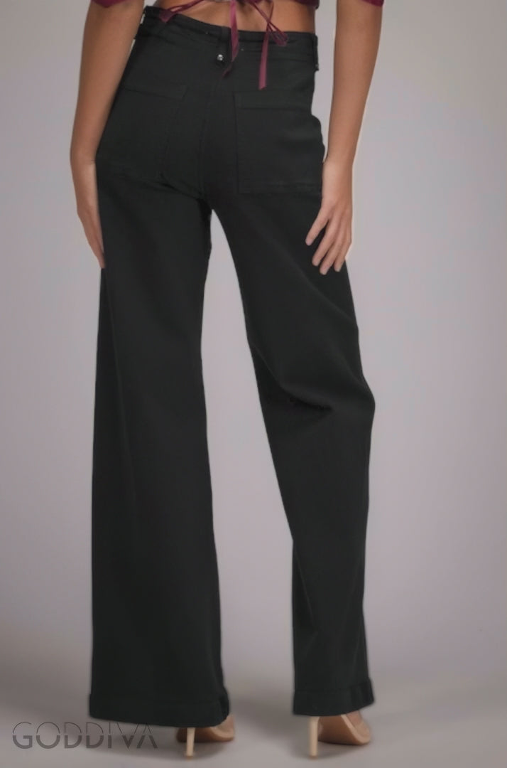 Wide Leg Stretch Denim Jeans - Black TR391