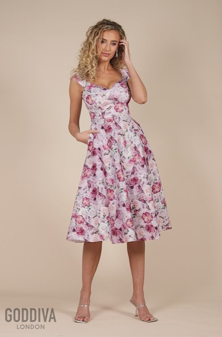 Floral Print A-Line Sweetheart Midi Dress - Blush Pink DR4635