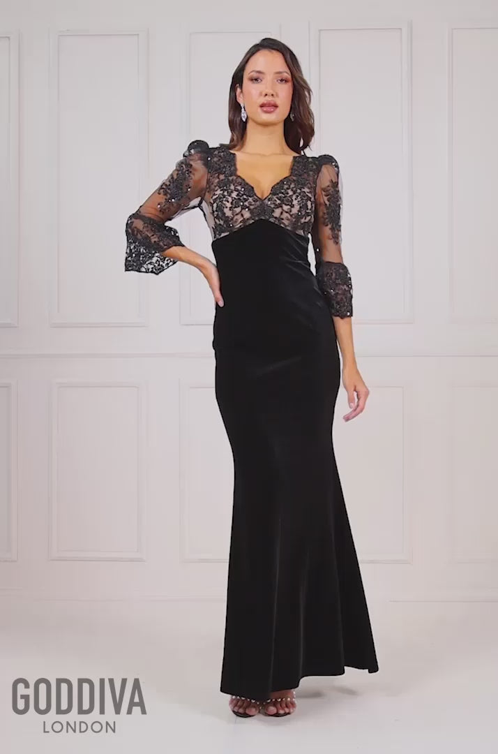 Scalloped Lace & Velvet Maxi Dress - Black DR3972