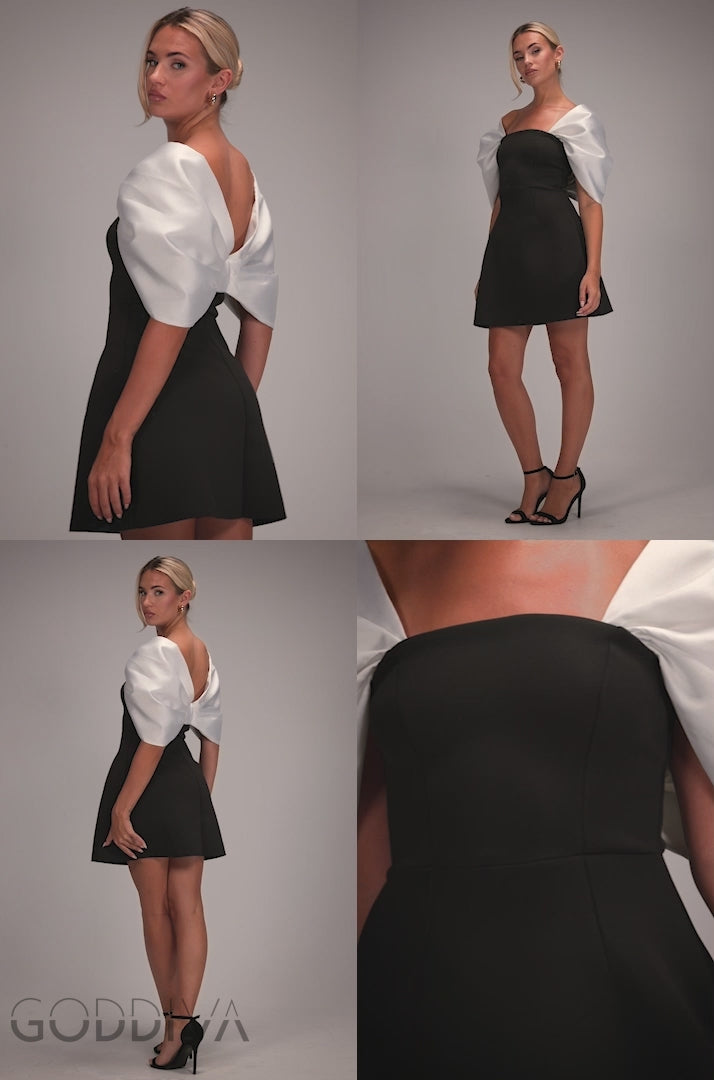 Contrast Off Shoulder Back Satin Bow Scuba Mini Dress - Black Cream DR4713CONTRAST