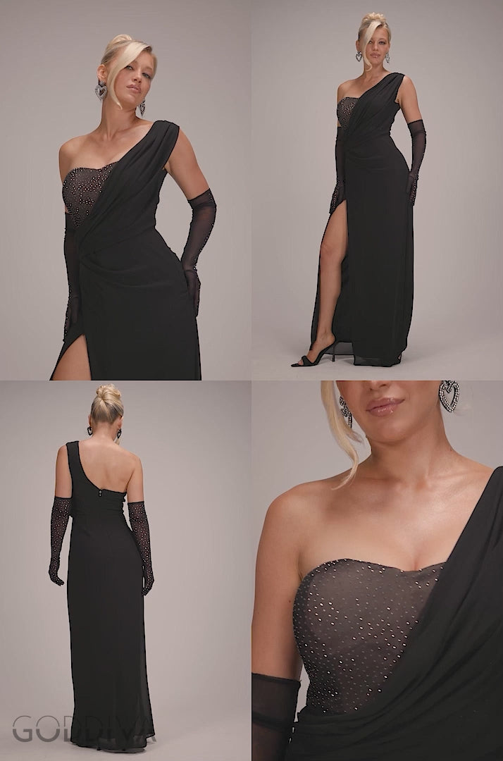 One Shoulder Diamante Chiffon Evening Maxi Dress - Black DR4625
