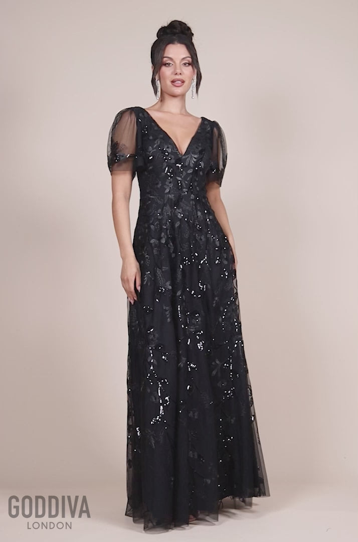 Flared Sleeve Embroidered Maxi Dress - Black DR3279