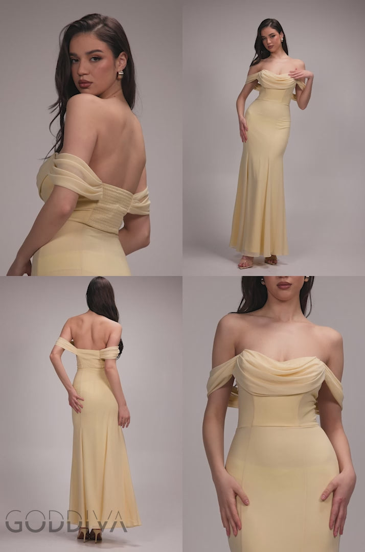 Chiffon Bardot Cowl Neck Maxi Dress - Butter Yellow DR2781A