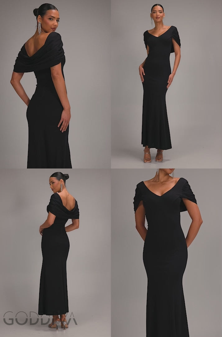 V Neck Cowl Back Pleated Sleeve Scuba Maxi Dress - Black DR5010