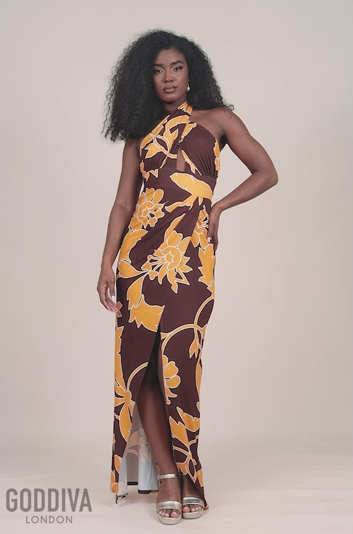 Printed Crossover Maxi Dress - Brown DR3602