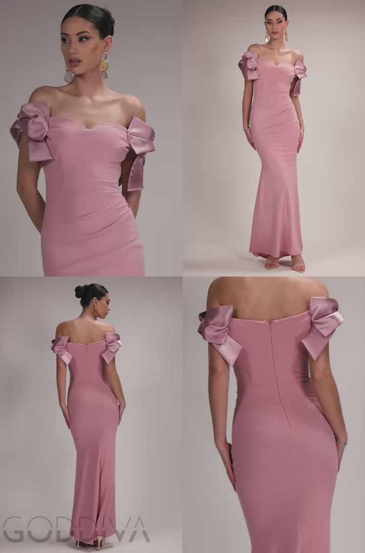 Satin Bow Bardot Sheath Maxi Dress - Blush Pink DR4999