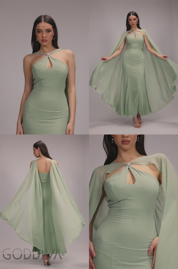 Multiway Cape Chiffon With Embellished Trim Maxi Dress - Sage Green DR4924