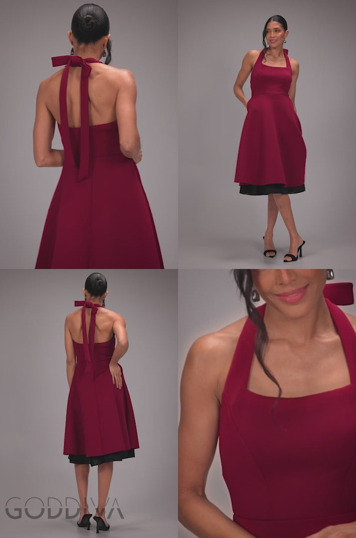 Contrast Organza Frill Bow Back Halter Midi Dress - Burgundy Black DR4770