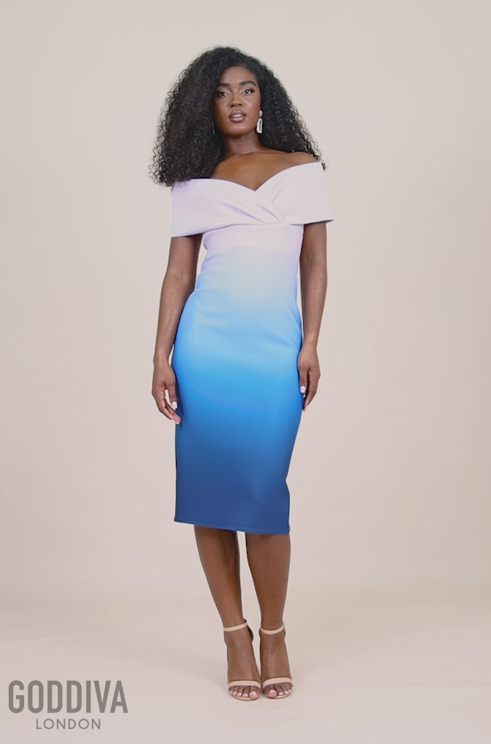 Ombre Front Wrap Bardot Midi Dress - Light Blue DR4222QZ