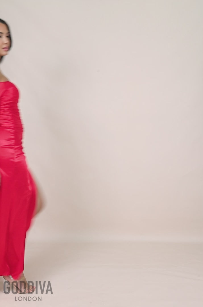 Slinky Satin One Shoulder Split Maxi Dress - Red DR4388