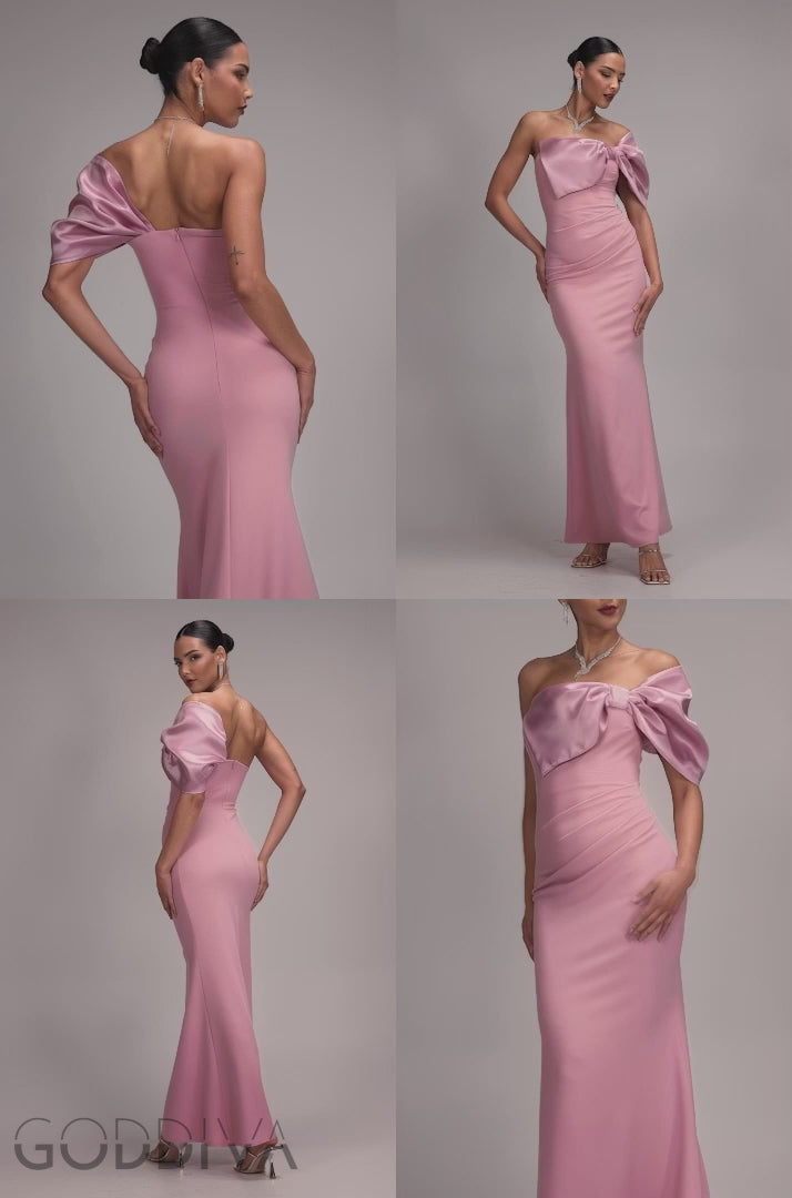 Off The Shoulder Satin Bow Neck Maxi Dress - Blush Pink DR5073