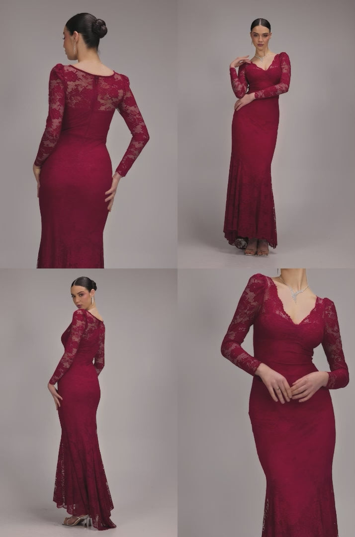 Fit & Flare Scallop Lace V Neck Maxi Dress - Burgundy DR4994