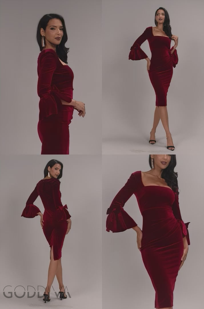 Petal Bow Sleeve Frill Velvet Midi Dress - Wine DR5165